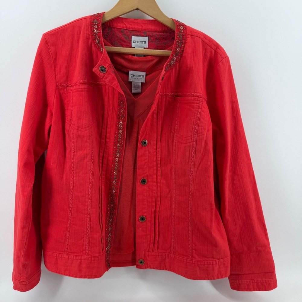Chico's Women's Red Embellished Button Front Jacket and Tank Set - Picture 16 of 16